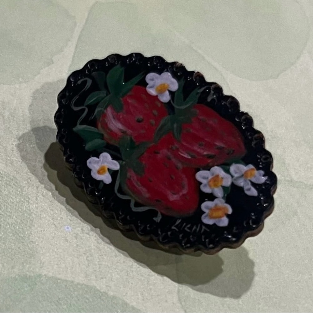Hand-Painted Black and Red Strawberries and Floral Brooch